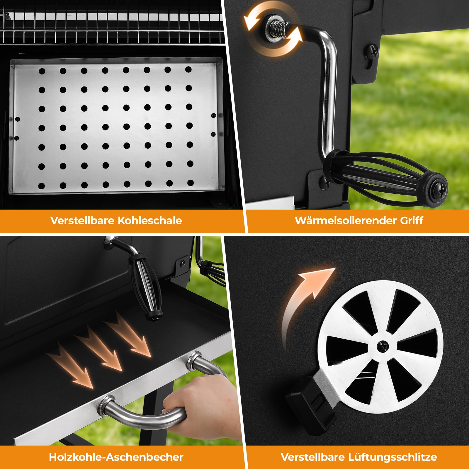 LIFERUN Parrilla de Carbón XXL con Tapa, Carrito Barbacoa con Cubierta Impermeable, Ruedas y Termómetro, Altura ajustable, Grande BBQ Smoker para Camping y Jardín, 122x104x54,5 cm