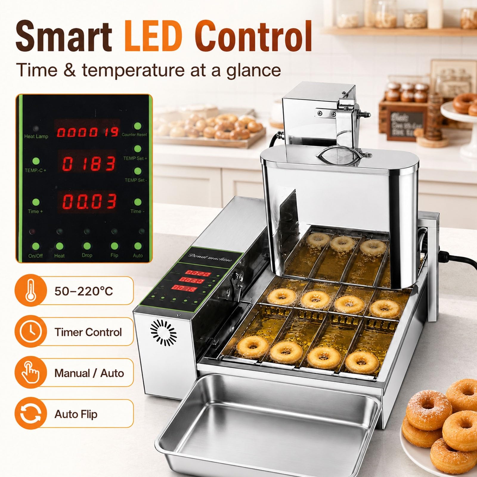 Máquina automática comercial de donas de 2000 W, mini dona de 4 filas con panel de control LED inteligente, 1800 unidades/h de alta salida, transportador automático abatible, ajuste de grosor de 5