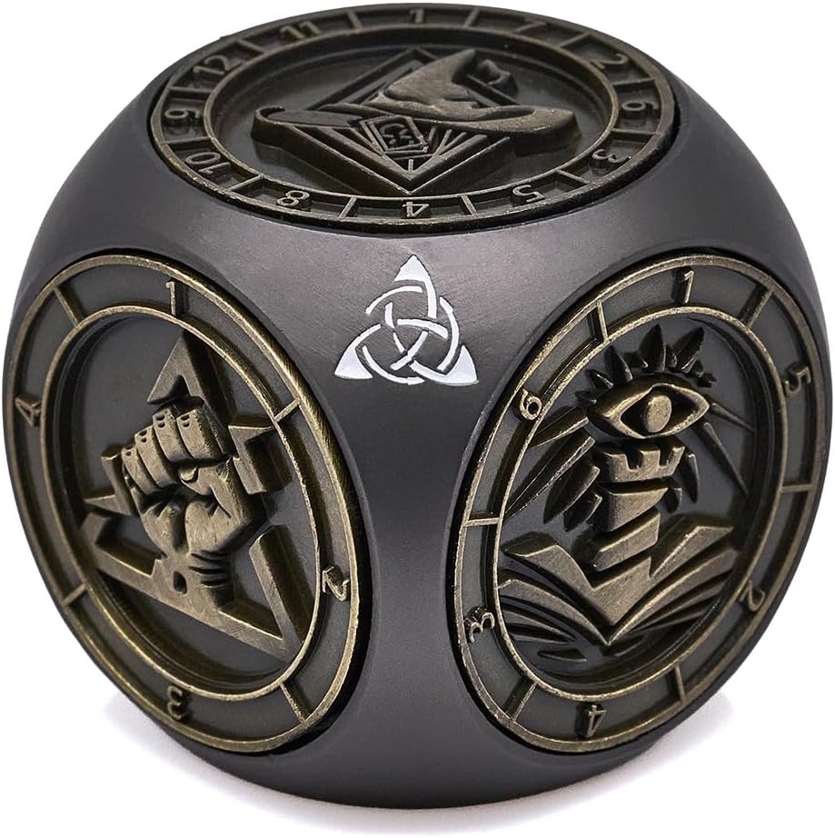 7-in-1 Metal DND Dice Spinner Cube with 3D Relief for Tabletop RPGs, Gift Box for Dungeon Masters & Players (Black Bronze)