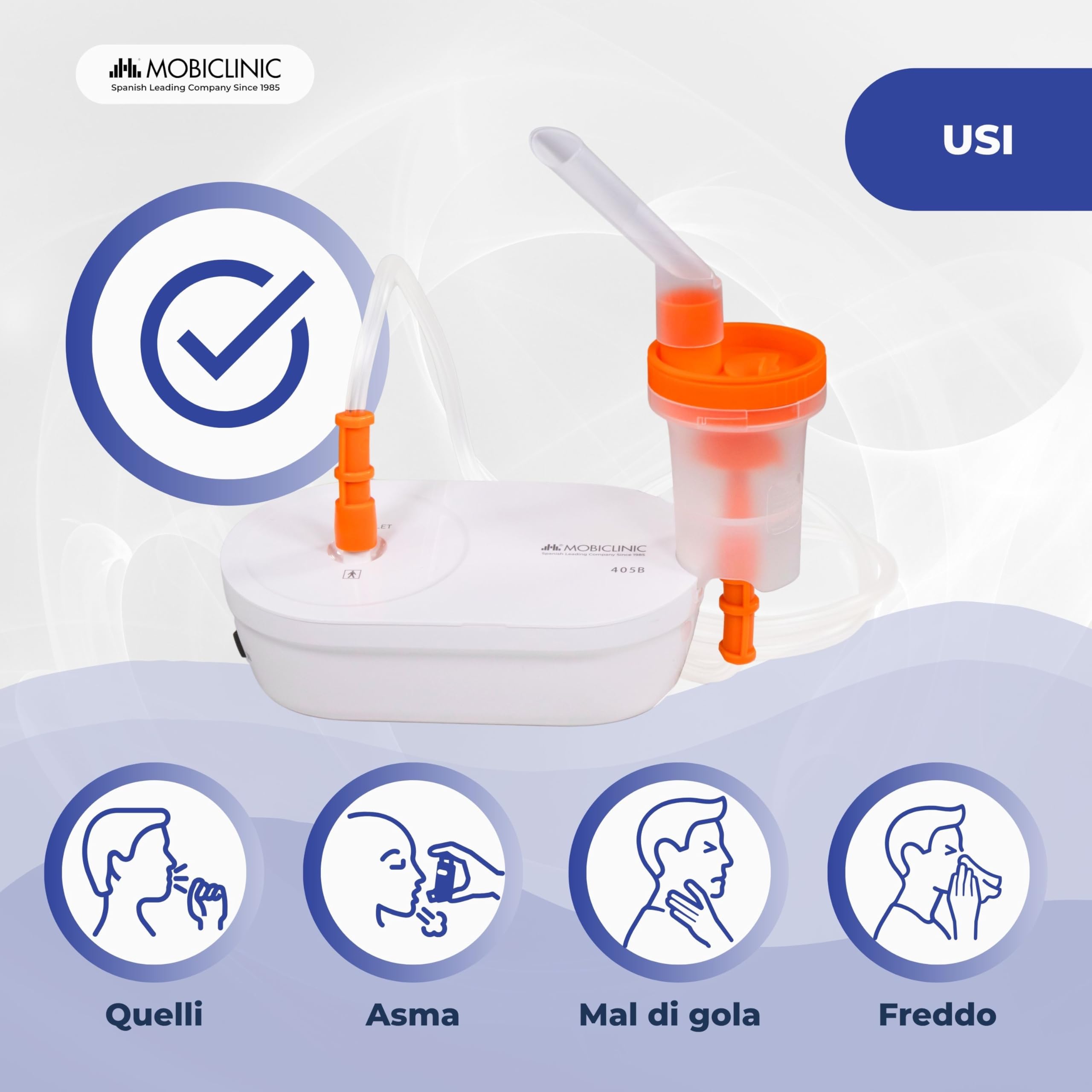 Mobiclinic®, Aerosol Portatile, Adulti e Bambini, Boccaglio e 2 Maschere, Velocità Massima 0,2 ml/min, Silenzioso, Volume 3,9 ml, Portatile, Asma, Allergie, Nebumobi2