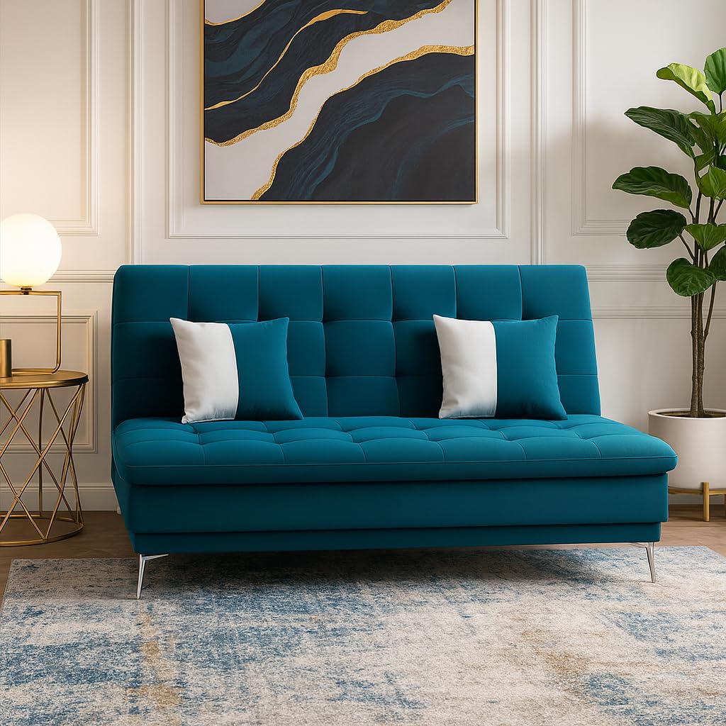 Flexinest 3 Seater Click-Clack Sofa Cum Bed for Bedroom | Soft Velvet Suede Fabric | Modern Design | Plush Comfort Cushions for Living Room (Aqua Blue)-image-49