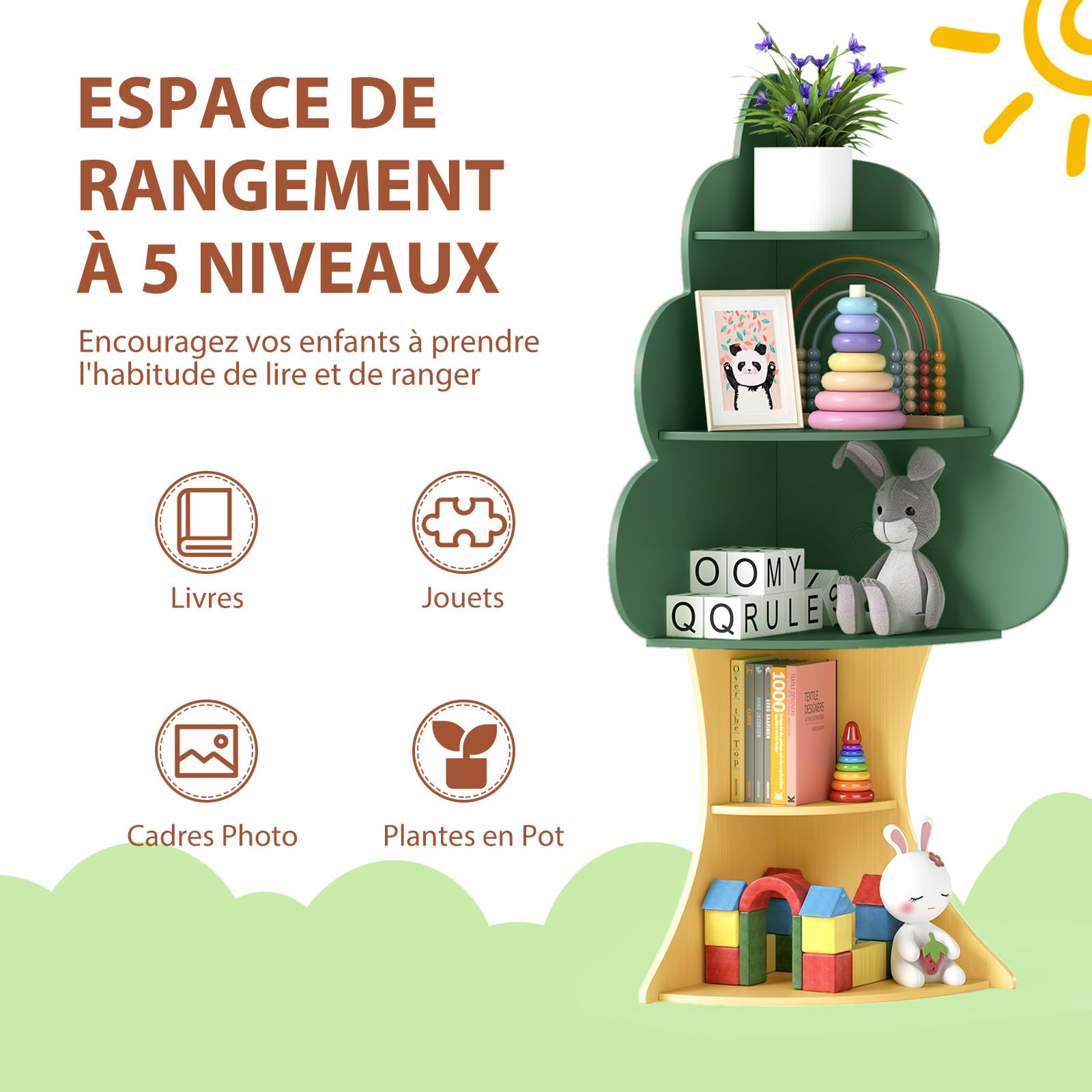 DREAMADE Bibliothèque d'angle pour Enfants 3+ Ans, 5 Étagères en Forme d'arbre pour Livres et Jouets, Parfaite pour Chambre, Salle de Jeux, Classe