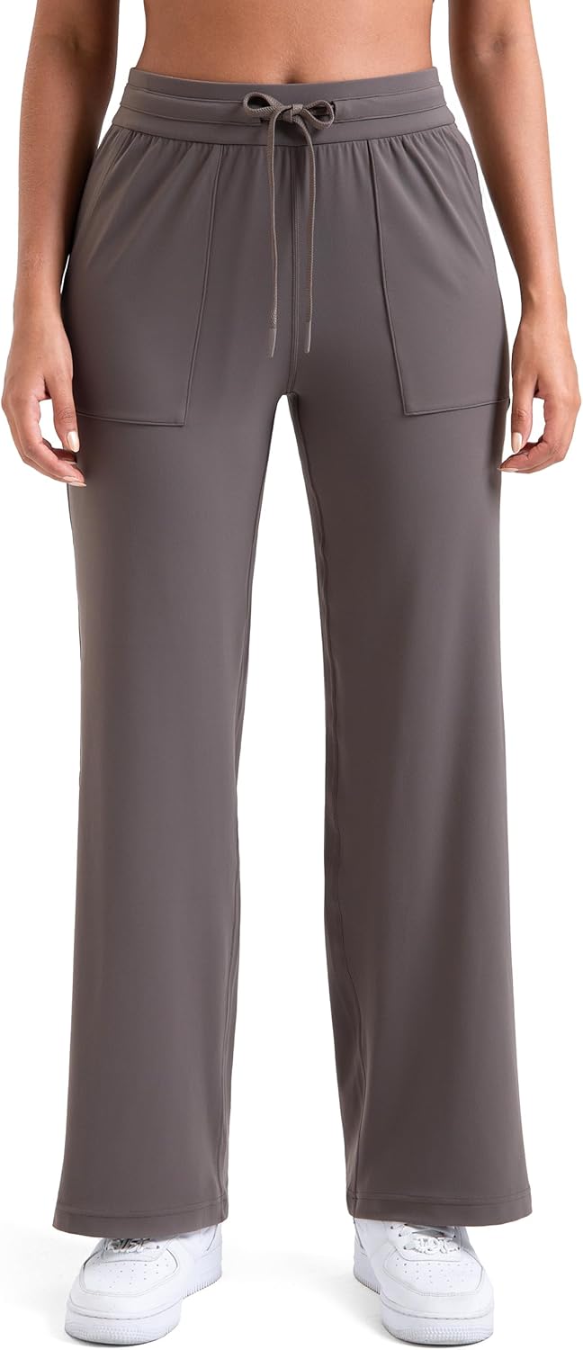 Colorfulkoala Dreamlux Wide Leg Pants Women Lounge High Waisted Work Pants with Pockets 27.5"/30.5" Petite Small Major Brown