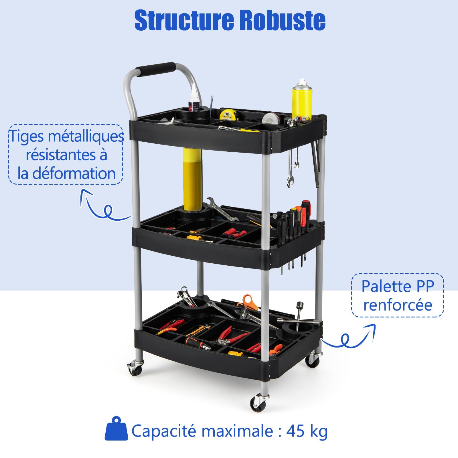 GYMAX Chariot de Rangement à roulettes 3 Niveaux, Cadre en Métal, Poignée Pratique, Organisateur pour Outils, Roues Universelles, pour Garage, Salon de Coiffure, Salon de Beauté, Atelier