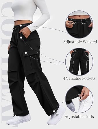 COPYLEAF Cargo Pants Women Elastic Waisted Parachute Hiking Pants with Pockets Water-Resistant Lightweight Baggy Pants