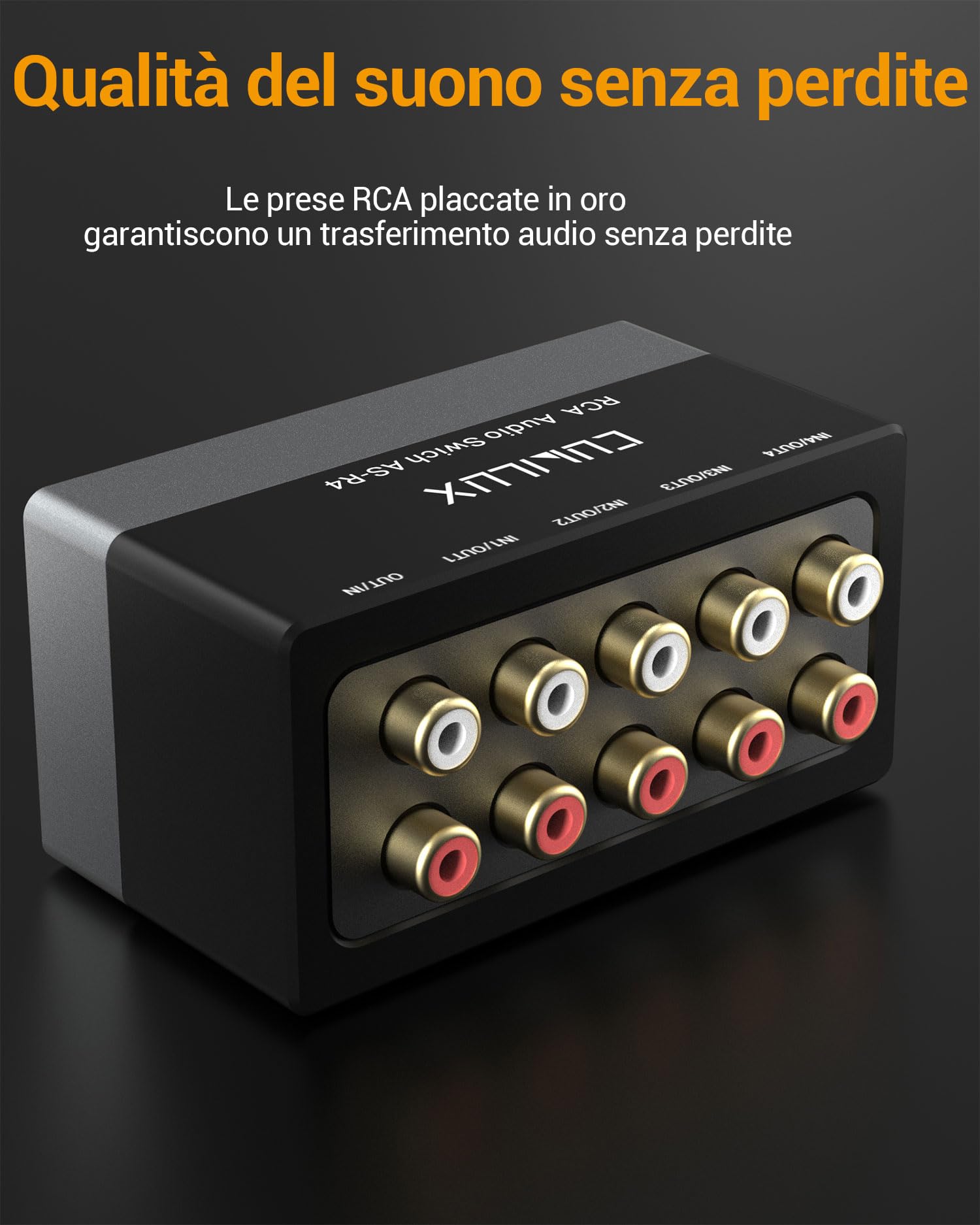 Cubilux AS-R4 Switch Pono bidirezionale a 4 vie, selettore di altoparlanti RCA stereo passivo a 4 canali, commutatore audio Pono da 1 ingresso a 4 uscite/da 4 ingressi a 1 uscita