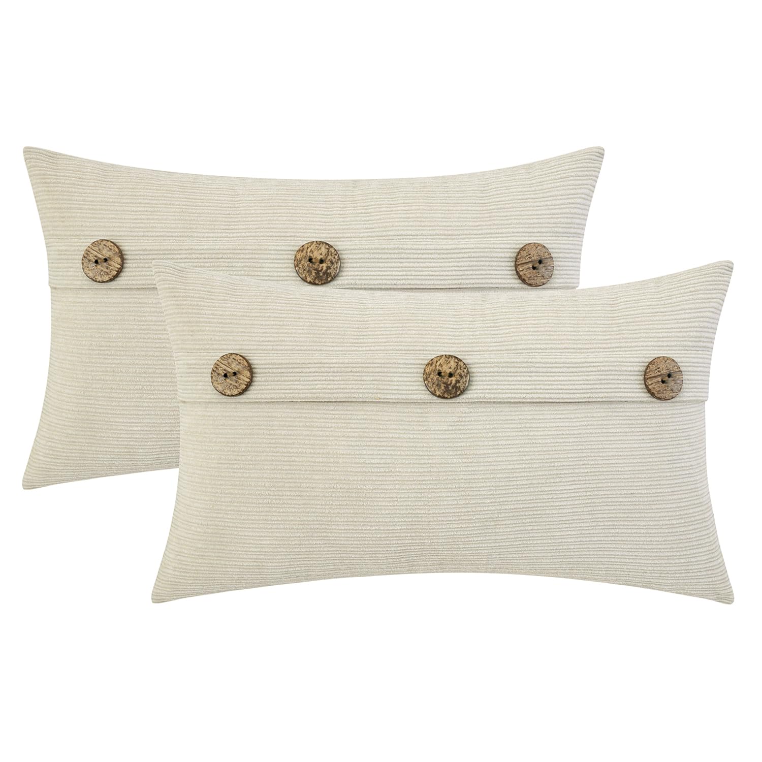 HWY 50 Beige Chenille Cushion Covers 30cm x 50cm (12"x20") with Triple Buttons, Set of 2, Soft Cosy Boho Farmhouse Decorative Throw Pillow Covers for Sofa Bed Living Room Couch