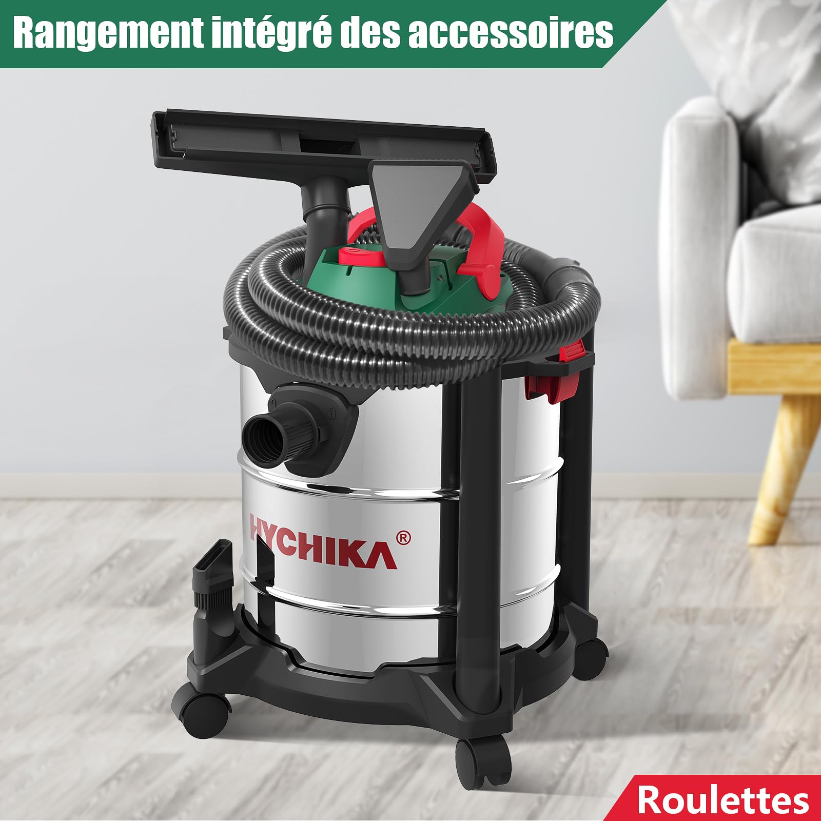 HYCHIKA 1200W Aspirateur Eau et Poussiere, Réservoir en Acier Inoxydable de 20 litres, avec Filtre HEPA et Accessoires, idéal pour la Maison, l'atelier, Le Garage et la Voiture