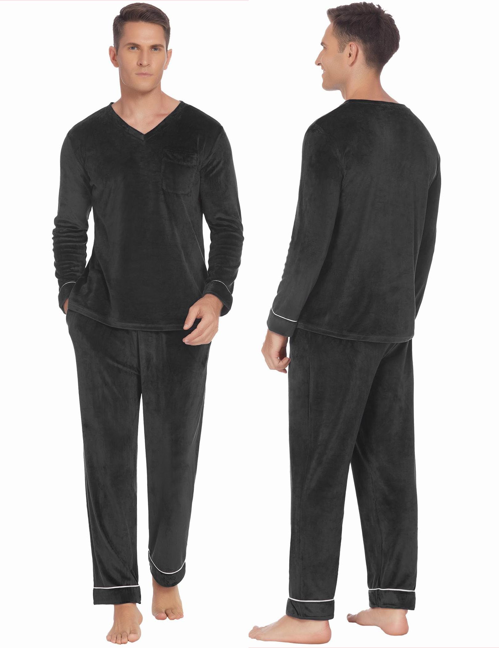 Ekouaer Conjunto de Pijama Pareja Terciopelo Hombre Mujer Manga Larga Tallas S-XXL Negro L, Negro, L