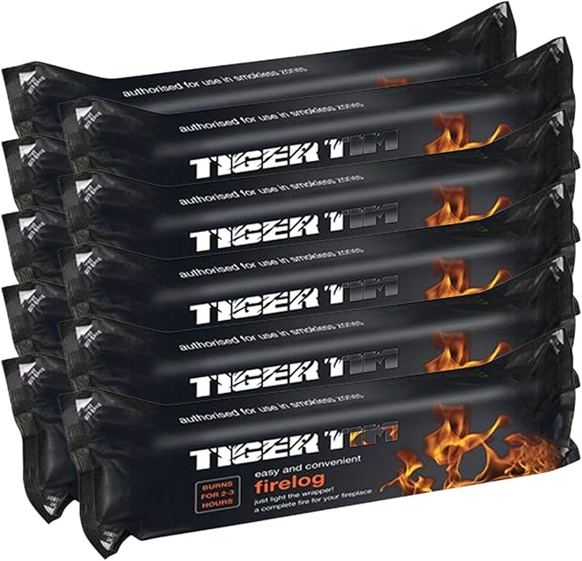 Tiger Tim 10 x Smokeless Instant Lighting Fire Log 1.1kg Fuel for Open Fire Stove Burns 2-3 Hours