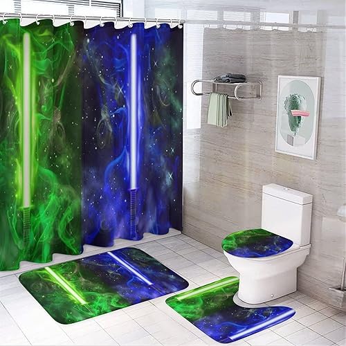 Miniatura 14 de Juego de 4 cortinas de ducha con temática de película retro, alfombras antideslizantes, cubierta para tapa de inodoro y tapete de baño, duradero e