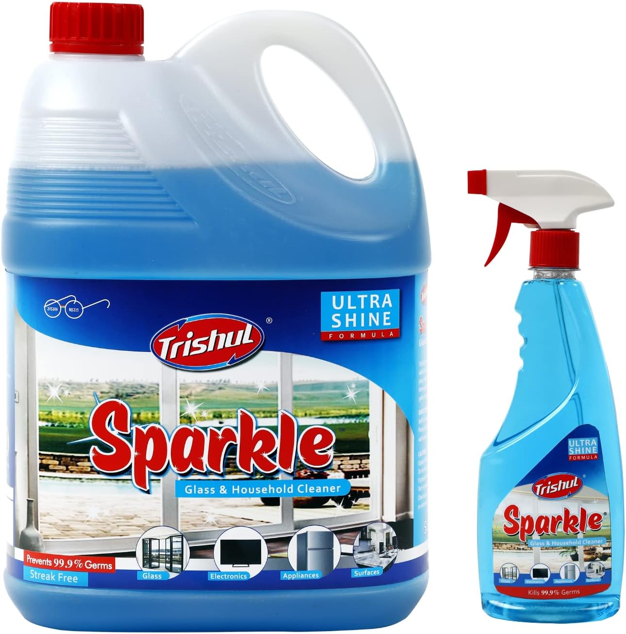 Sparkle Glass Cleaner | Mirror Cleaner | Glass Polish | Pro Glass & Multi-Surface Cleaner & Disinfectant | Sparkling Glass Wipe | 5 Ltr with 500 Ml