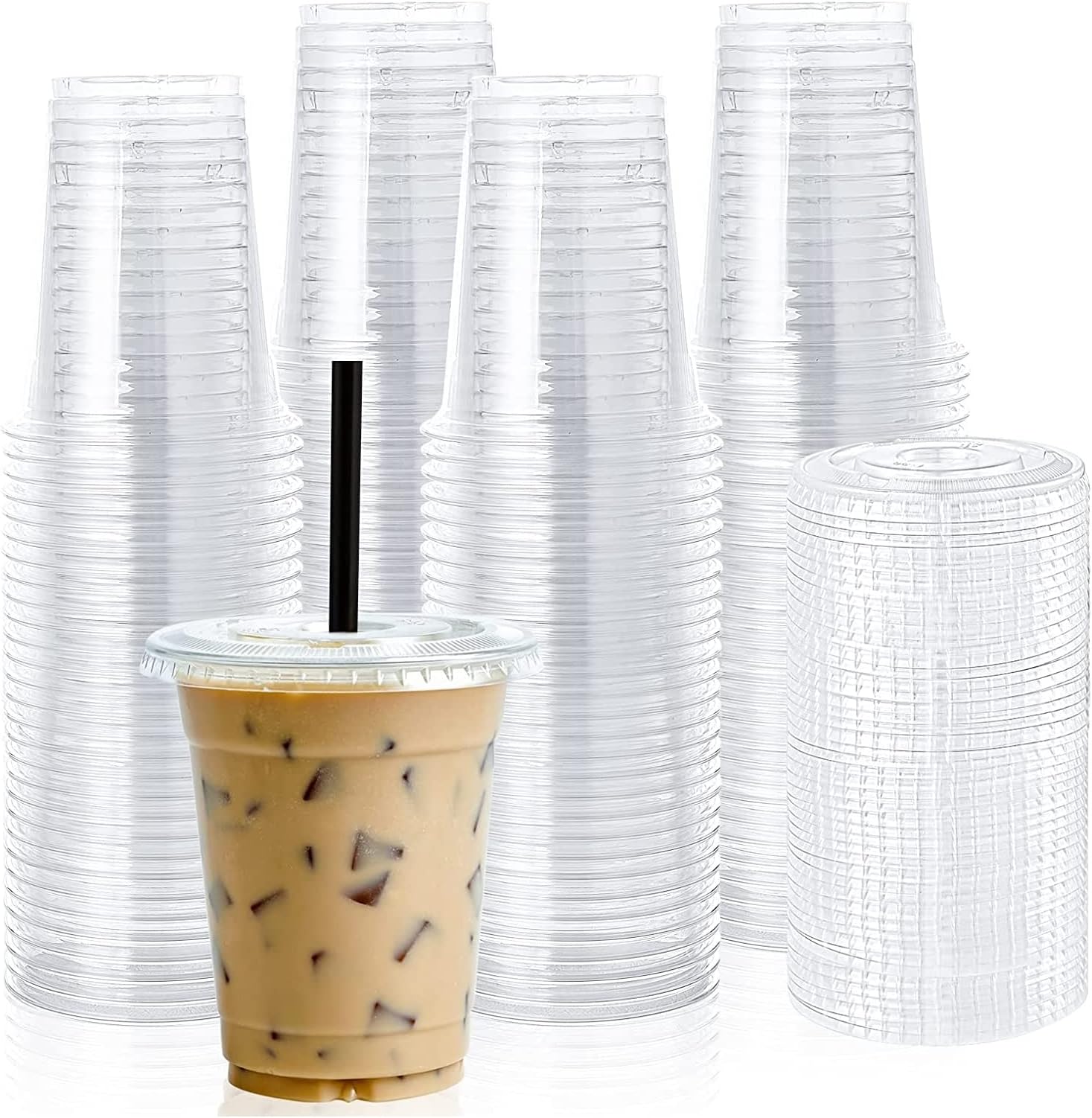 Vsell24™ 50PC Disposable Drinking Plastic Cup 12oz For Smoothie Coffee Water Juice Cups With Flat Lid Clear