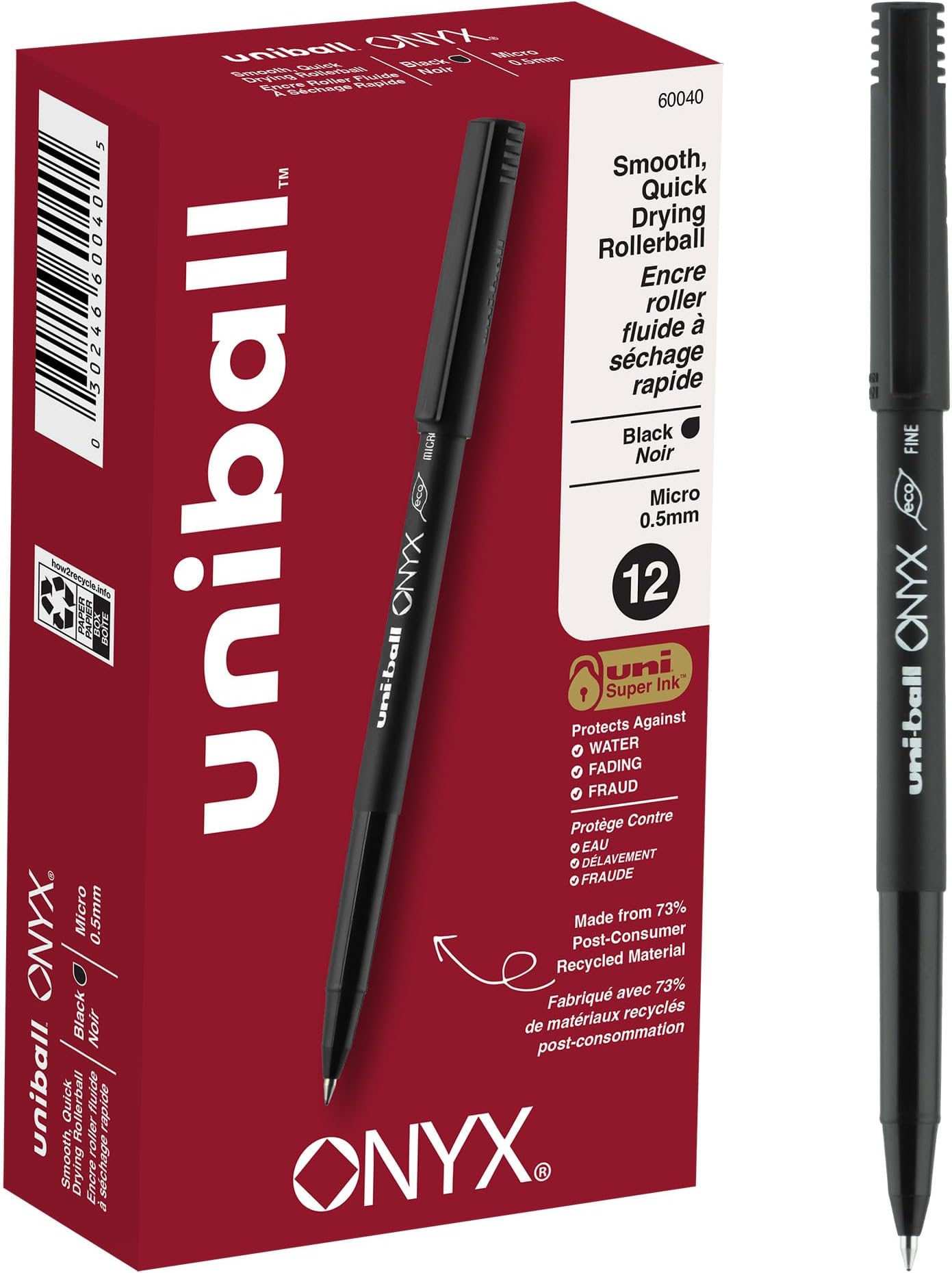 uni-ball Onyx Rollerball Pens Fine Point Micro Tip, 0.5mm, Black, 12 Pack