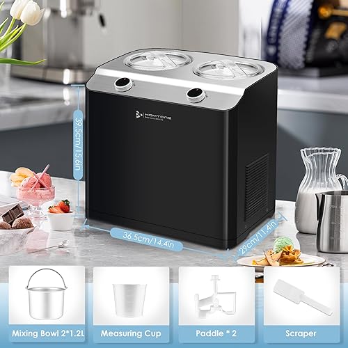 Miniatura 8 de Homtone Máquina de helados de 2 sabores, compresor automático de helados con 2 cuencos, 2.6 cuartos de galón (2 x 1.3 qt) de mayor capacidad y