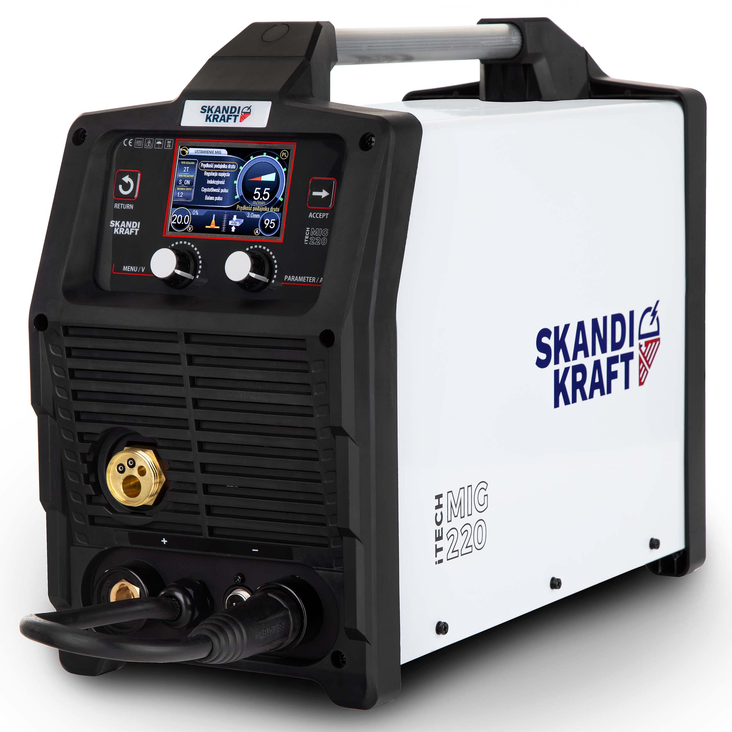 SKANDI KRAFT iTech MIG 220 - Saldatrice inverter MIG MAG 200 A, con bombola del gas di protezione da 8 l, casco per saldatura, filo per saldatura e accessori, Synergic Auto, Puls Bestschweissen.de