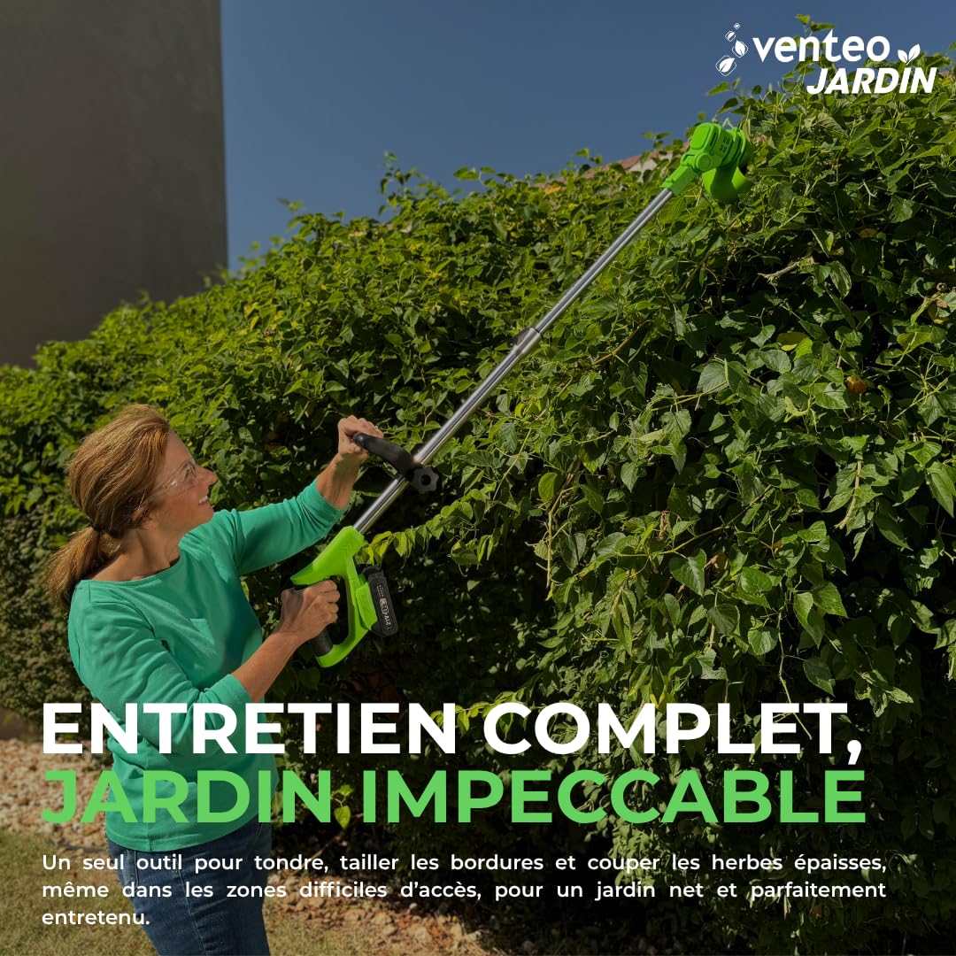 VENTEO - ROTORAZER 8en1 Tondeuse, Taille-Bordures, Coupe-Bordures sans Fil | Coupe Bordure Batterie Multifonction 3 Angles 3 Hauteurs Lames Interchangeables | Entretien Bordure Jardin Gazon
