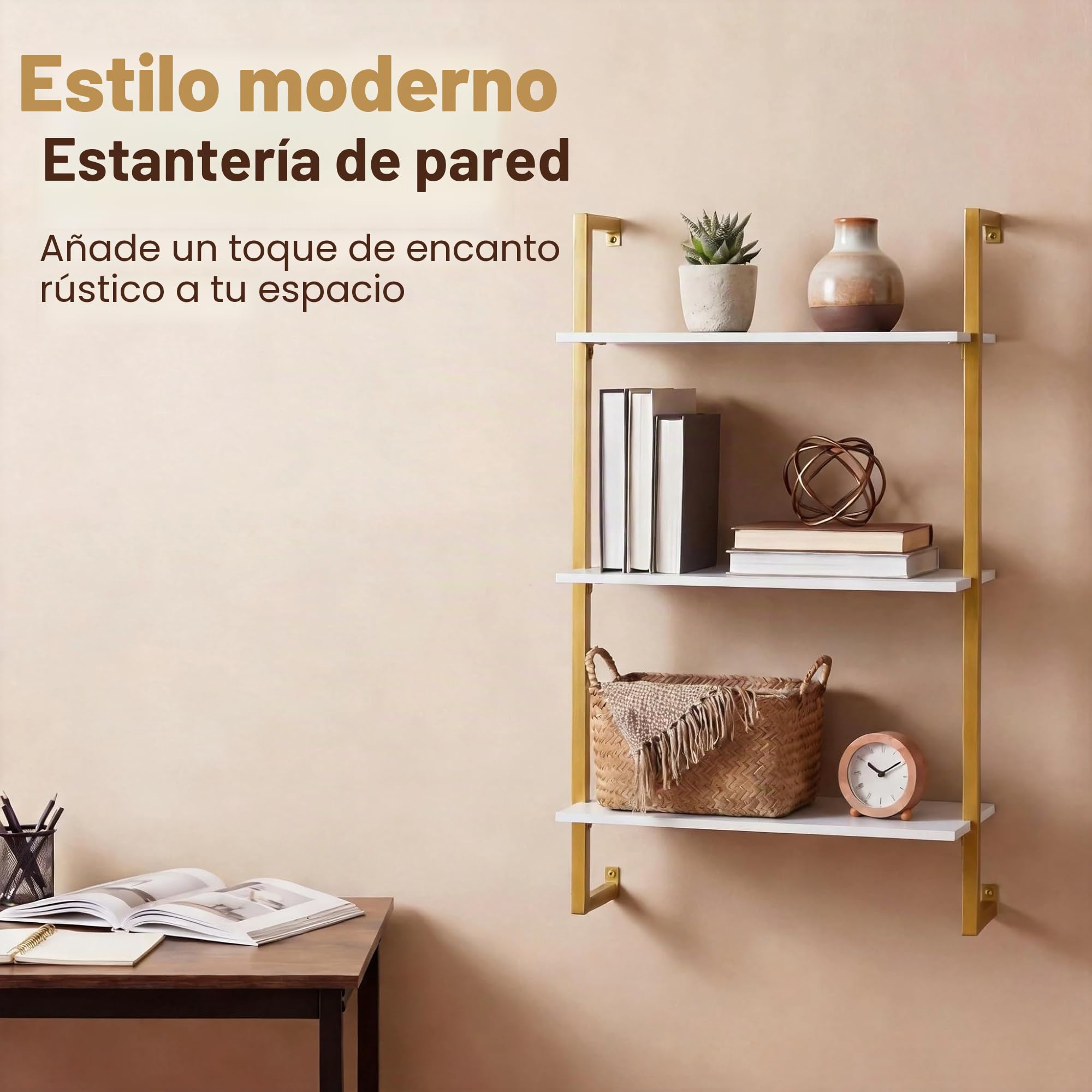 KOMFOTTEU Estantería de Pared de 3 Niveles, Estante de Almacenamiento Suspendido con Estructura Metálica, Mueble Organizador para Oficina, Cocina, Salón, 53 x 23 x 90 cm (Dorado y Blanco)