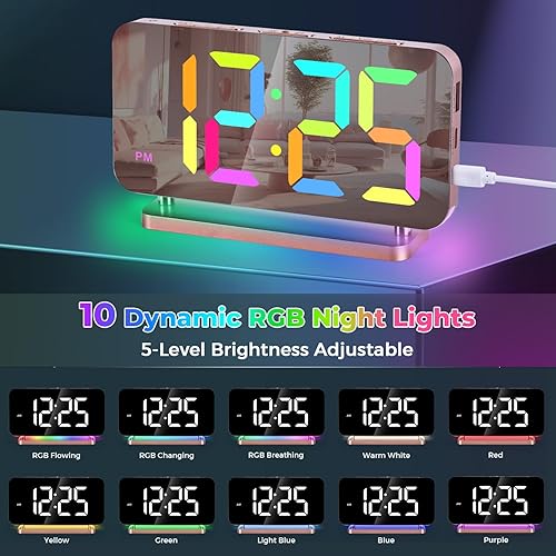 Miniatura 3 de Poeroa Reloj despertador RGB, reloj digital con espejo LED de 7.4 pulgadas, pantalla grande, con luz nocturna, puerto de cargador USB C, atenuador