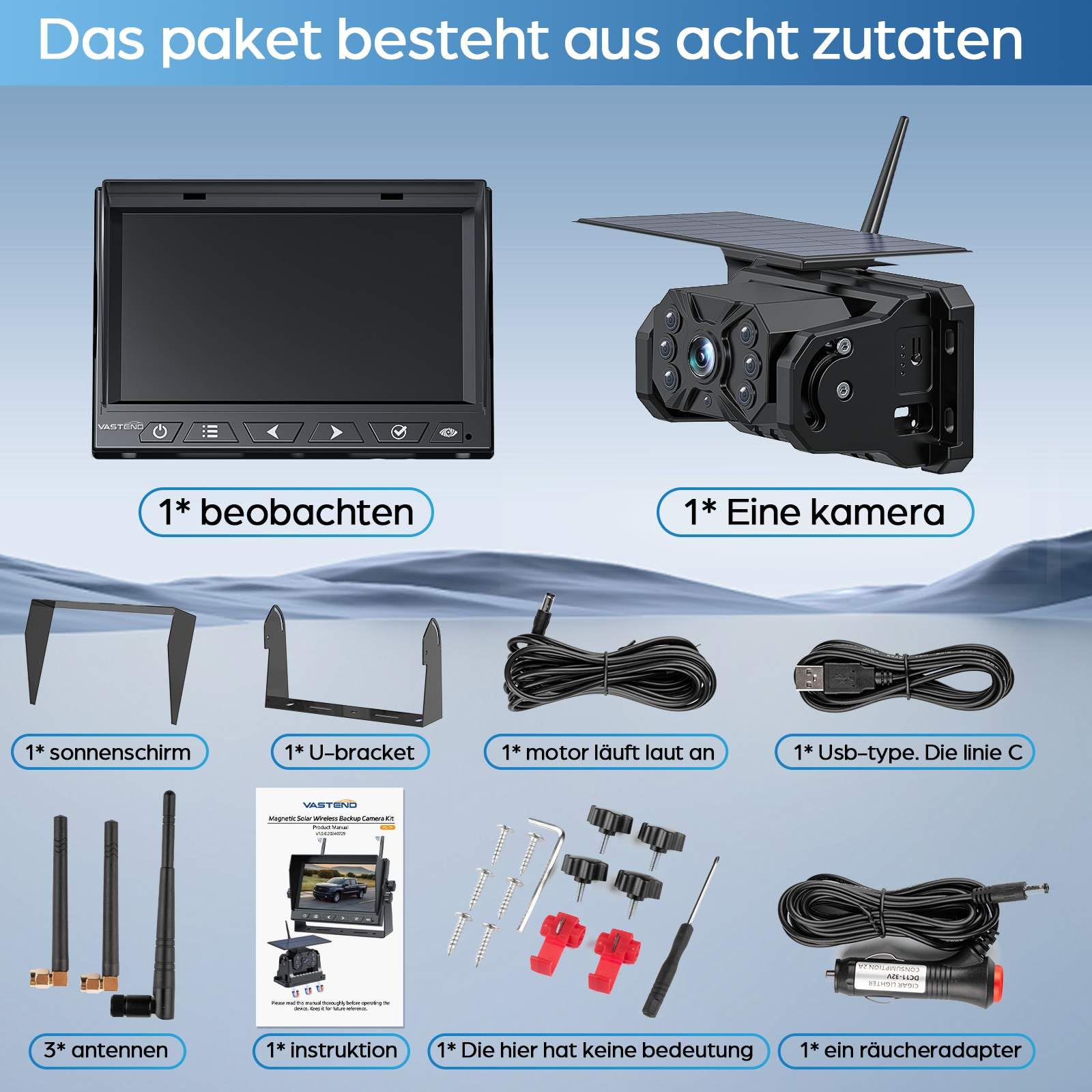 Rückfahrkamera Kabellos Solar Magnetisch 7" Drahtlose Rückfahrkamera 10000mAh Akku IP69 Wasserdichter DIY Installation VS-7A