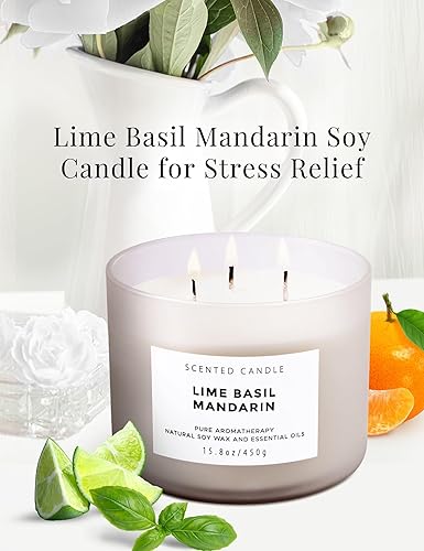 Miniatura 9 de Vela de soja de 3 mechas de albahaca y mandarina de lima, 15.8 onzas, vela perfumada a hierbas cítricas frescas para el hogar, vela de aromaterapia