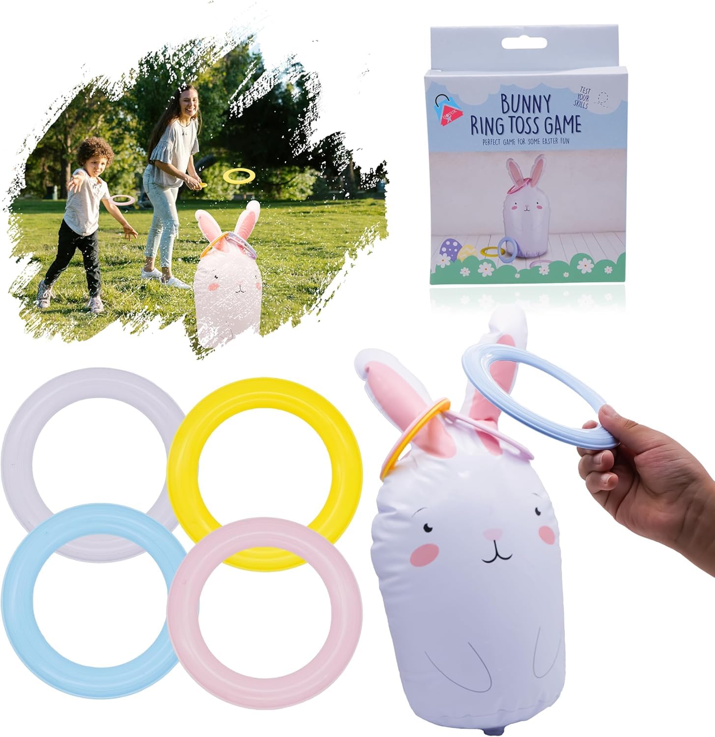 HOVUK Easter Bunny Inflatable Ring Toss Game 44.5cm Family Party Game with 4 Colourful Rings Indoor Outdoor Lawn Yard Game Easter Party Decoration Kids Adults Easter Basket Gift