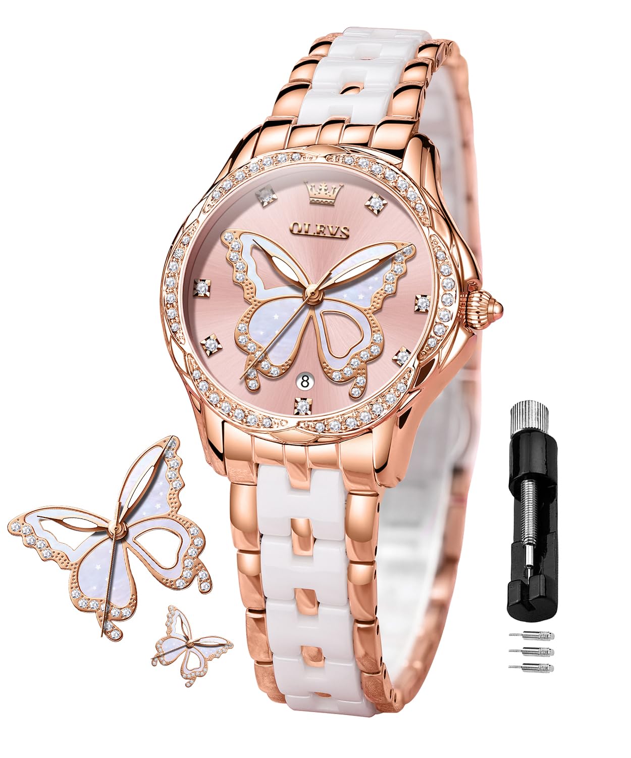 OLEVS Damen-Diamantuhr Elegante Luxus-Armbanduhr Damenuhr aus Roségold mit Keramikglas