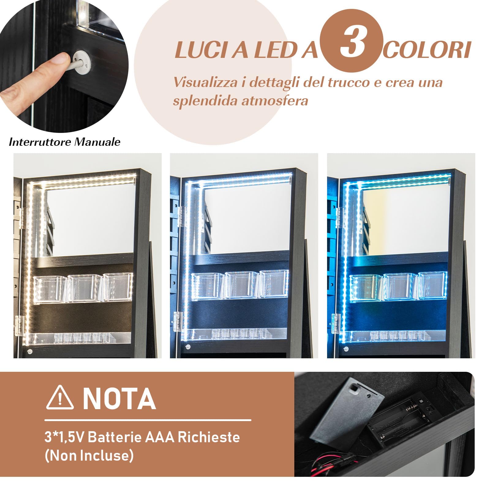GYMAX Armadietto per Gioielli Girevole a 360°, con Specchio a Figura Intera Luce a LED a 3 Colori, Specchio Interno per il Trucco con Serratura, 54,5 x 54,5 x 161cm (NERO)