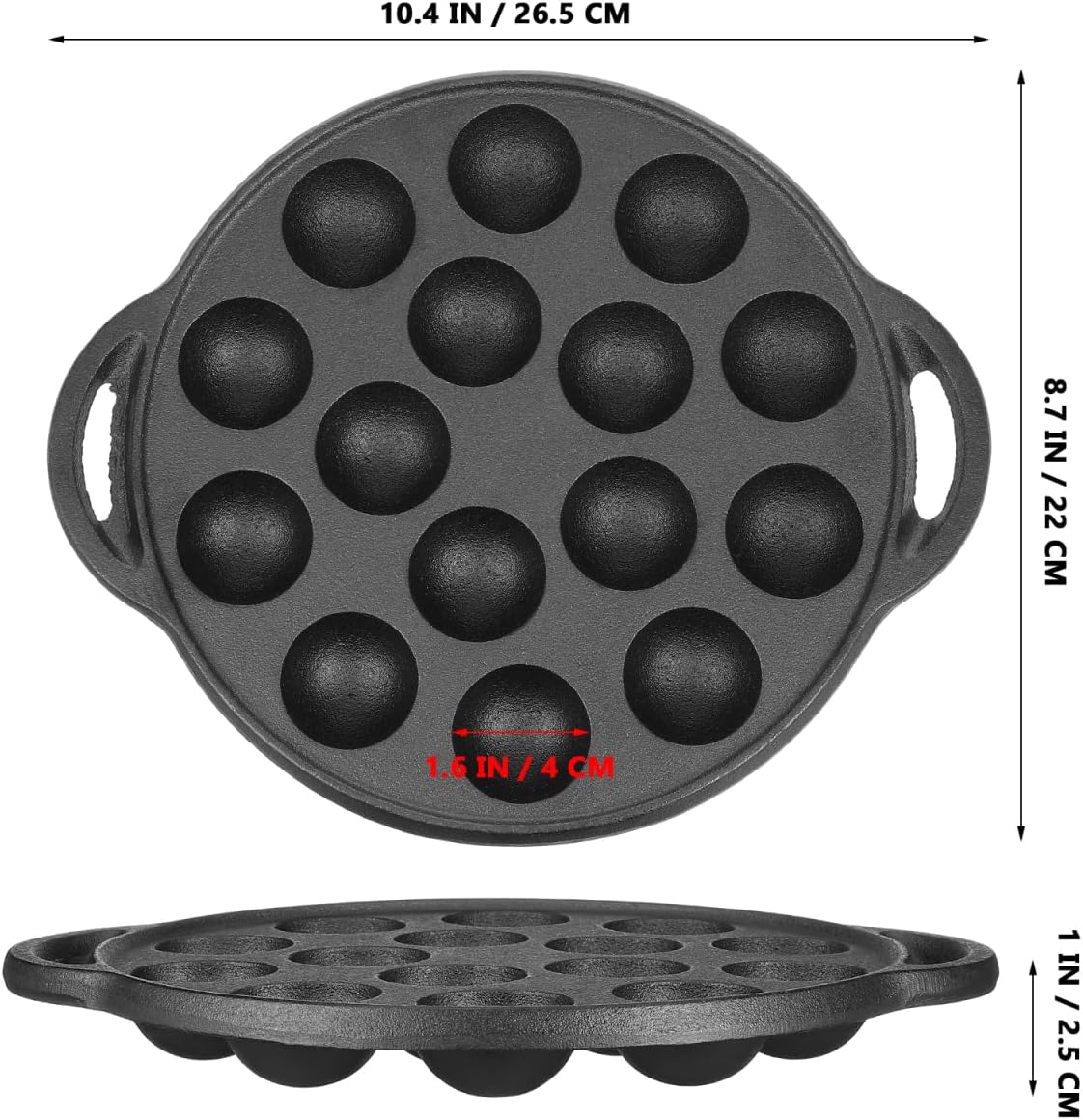 Cast Iron Takoyaki Pan with 15 Holes, Non-Stick Escargot Plate for Snails and Meatballs, Includes Forks and Brush, Compact Size for Home and Professional Use