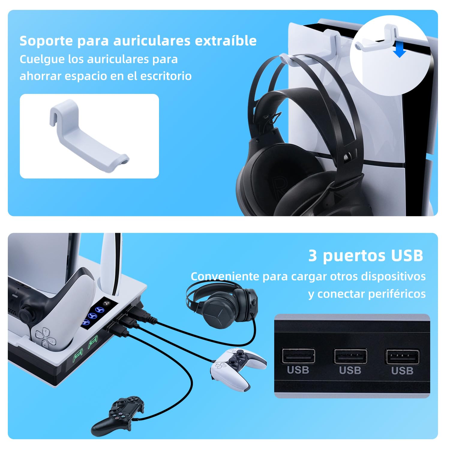 Mcbazel Vertical Soporte de Enfriamiento para PS5/Slim/Pro, Estación de Carga con Ventilador, Controlador Carga Rápida Indicadores/Puerto USB para PlayStation 5