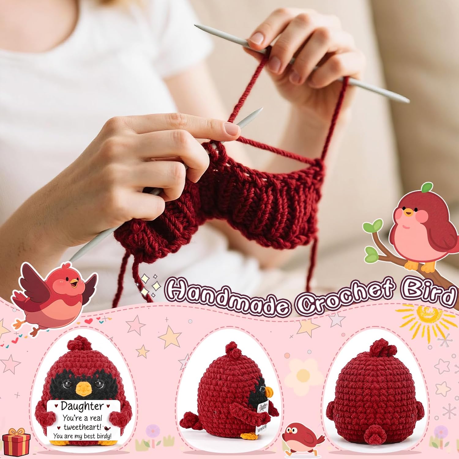 Mini Funny Red Bird Daughter Valentines Day Birthday Easter Gifts from Mom Dad, Cute Stuff Thing Positive Crochet Home Decor for Bonus Daughter Stepdaughter My Daughter in Law from Mother Father - Image 4