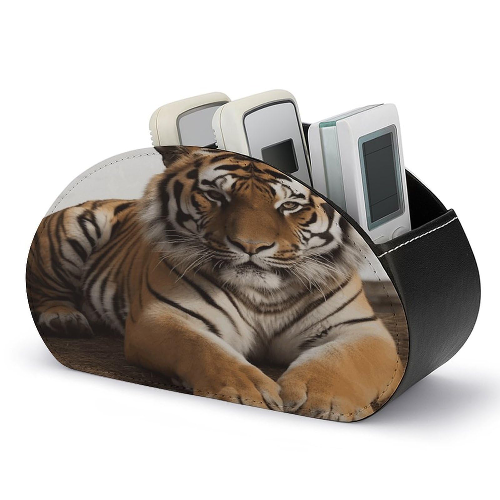 VstaDank Big Tiger Remote Control Holder with 5 Compartments PU Leather Remote Caddy Desktop Organizer Store TV Remote Control Storage Box for Home Office Desk Nightstand