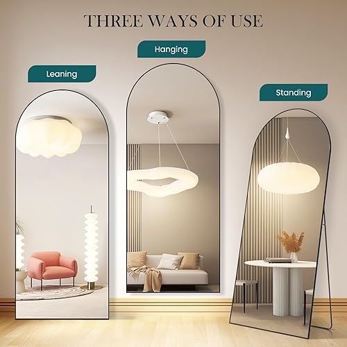 Vista 97 de DUMOS - Espejo de pie arqueado de cuerpo completo con soporte, marco de aluminio, para colgar o apoyar, nanocristal inastillable, para decorar