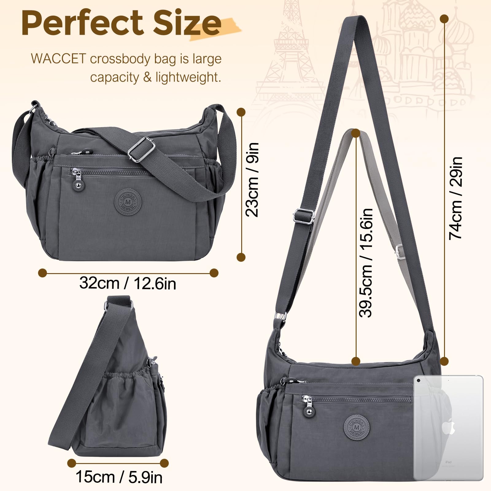 WACCET Borsa a Tracolla da Donna, Borsa Tracolla Grande Multitasche in Nylon Impermeabile Borsa a Spalla Donna con Tracolla Regolabile Leggera Crossbody Bag Donna per Shopping Lavoro Viaggio Festa