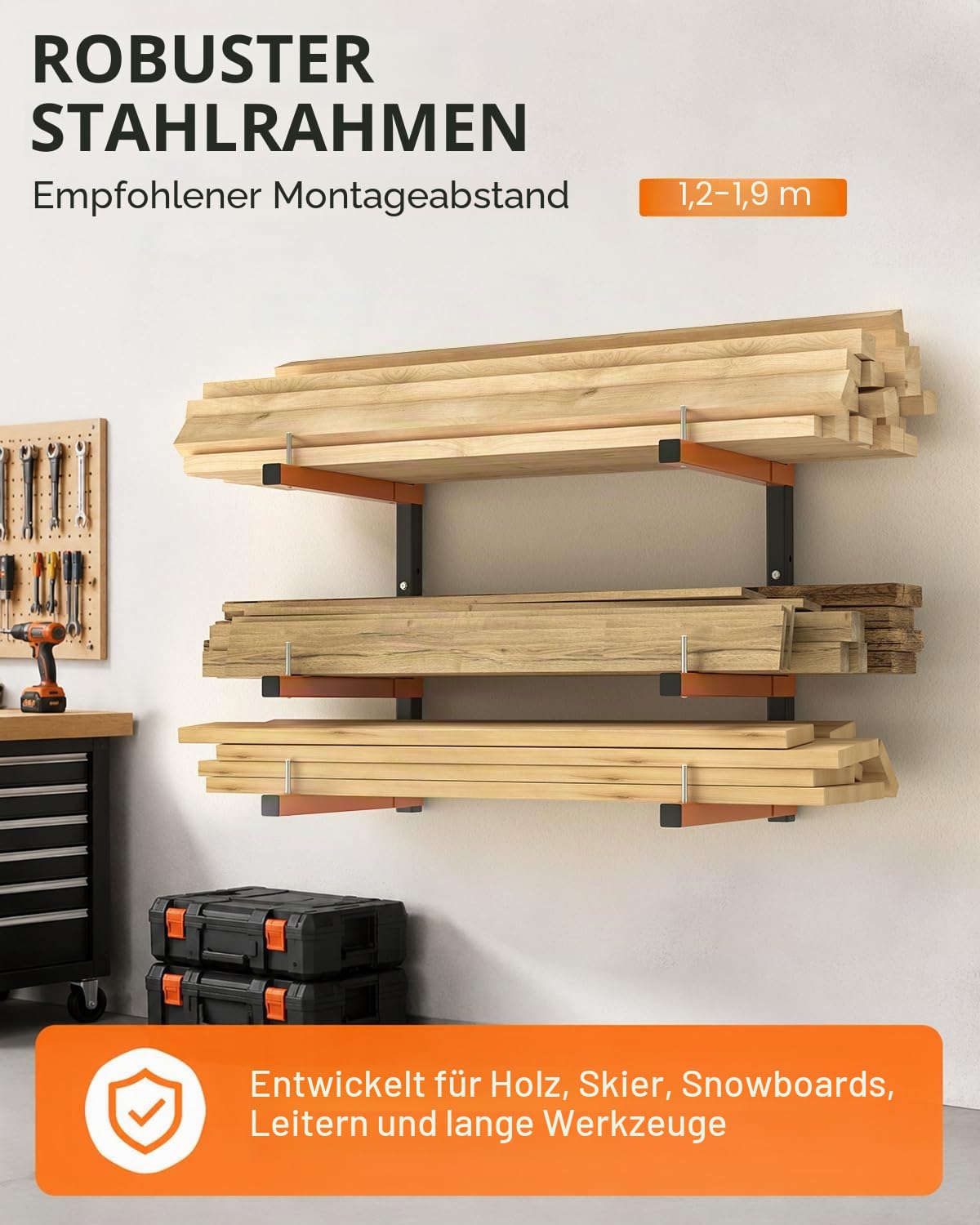 Acools Holzregal, Überkopf-Garagenregal, robustes Holzregal, Wandhalterung, 2 Stück, stabiles Garagen-Wandregal, Holz-Organizer (4 Stück)