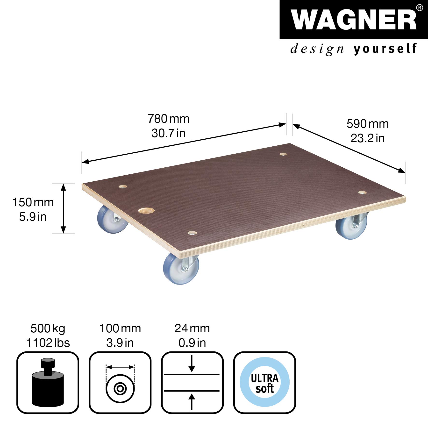 WAGNER Carrello da trasporto MM 1147 I 78 x 59 cm - per carichi pesanti e mobili I portata 500 kg I foro di sollevamento I superficie antiscivolo I certificato FSC® - 20114701