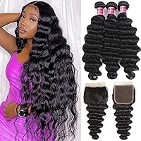 Vista 17 de Aelinsi 3 paquetes de cabello humano virgen brasileño suelto con cierre, grado 12A, sin procesar, con cierre de encaje 4 x 4, parte libre