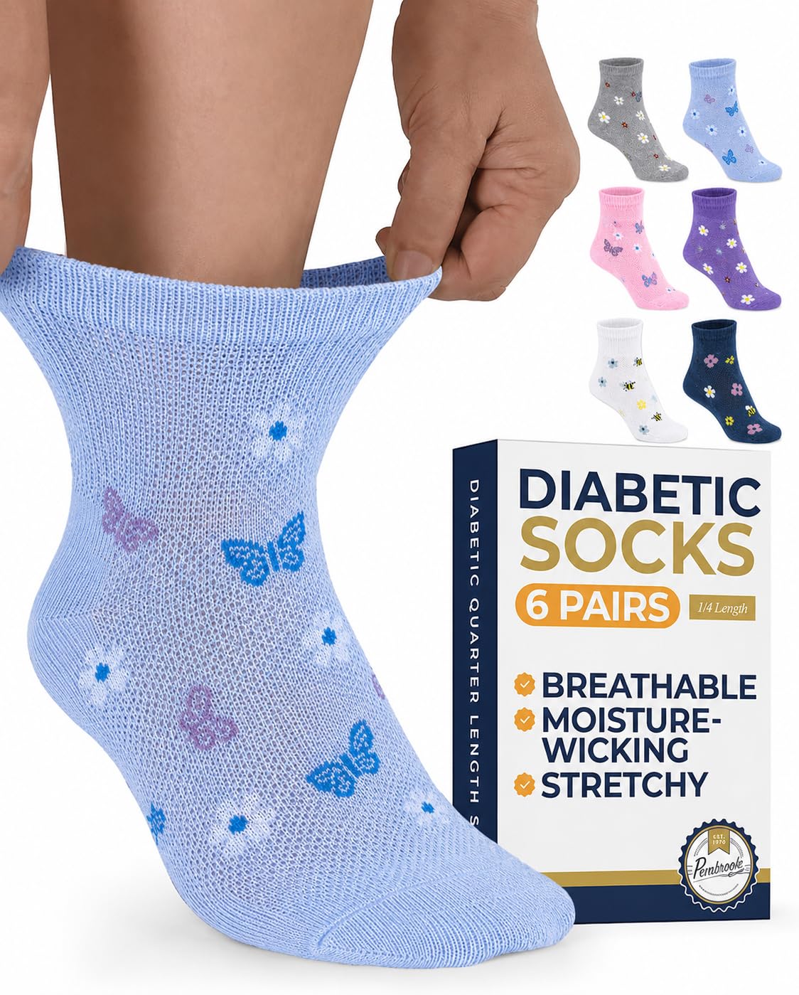 Pembrook® Ankle Diabetic Socks for Women &amp; Men, Non Binding Socks - 6 Pairs