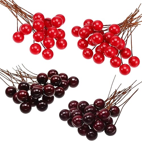 Miniatura 7 de Bayas artificiales BBTO, 100 bayas artificiales de 0.4 pulgadas, decoración de bayas falsas en alambre, para decoración de árbol de Navidad, corona