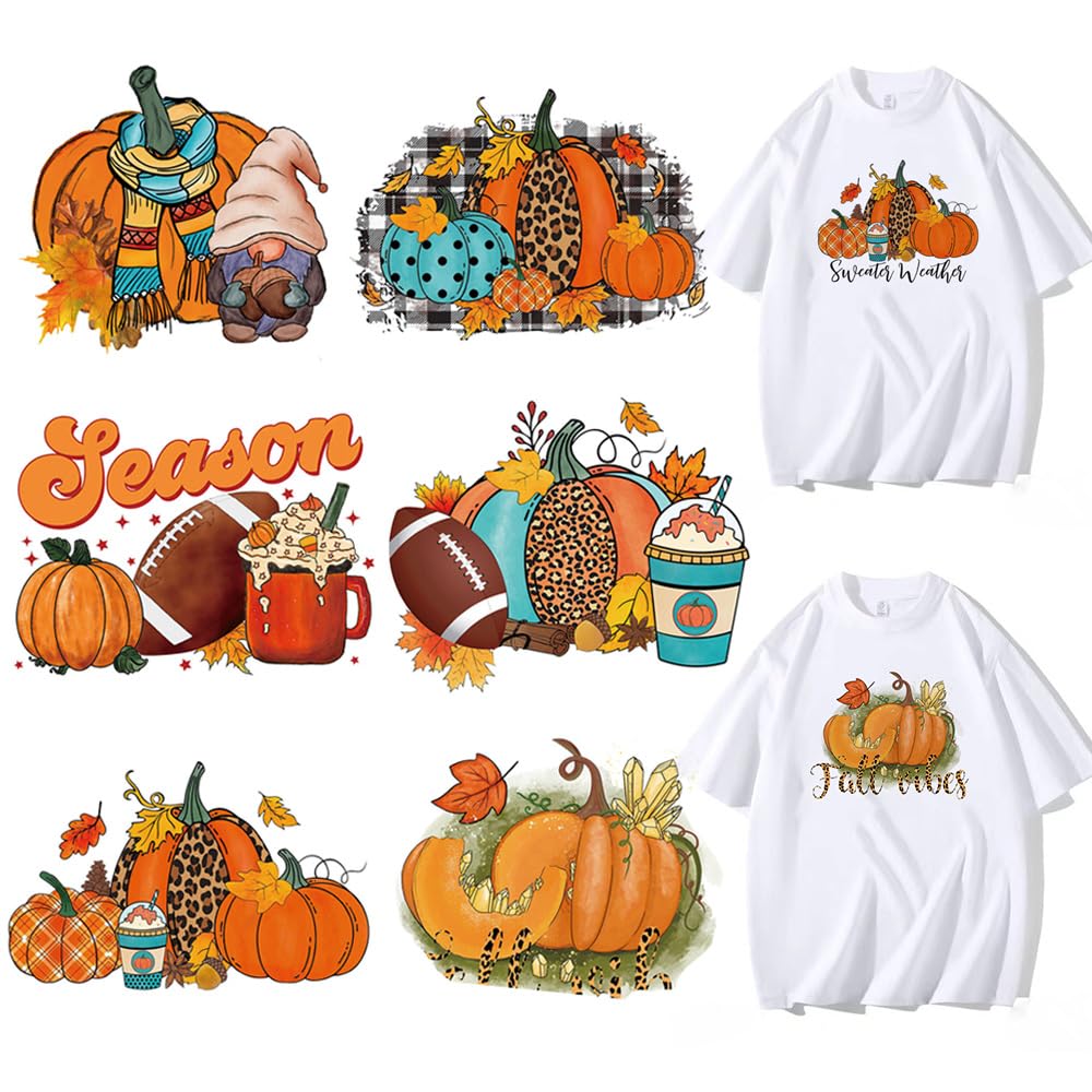 Pumpkin Iron on Transfers Patches for T-Shirt Fall Heat Transfer Stickers Autumn Maple Leaves Gnome Football Heart Design Thanksgiving Iron Appliques for Clothes Pillow Covers DIY Decorations 6 Sheets