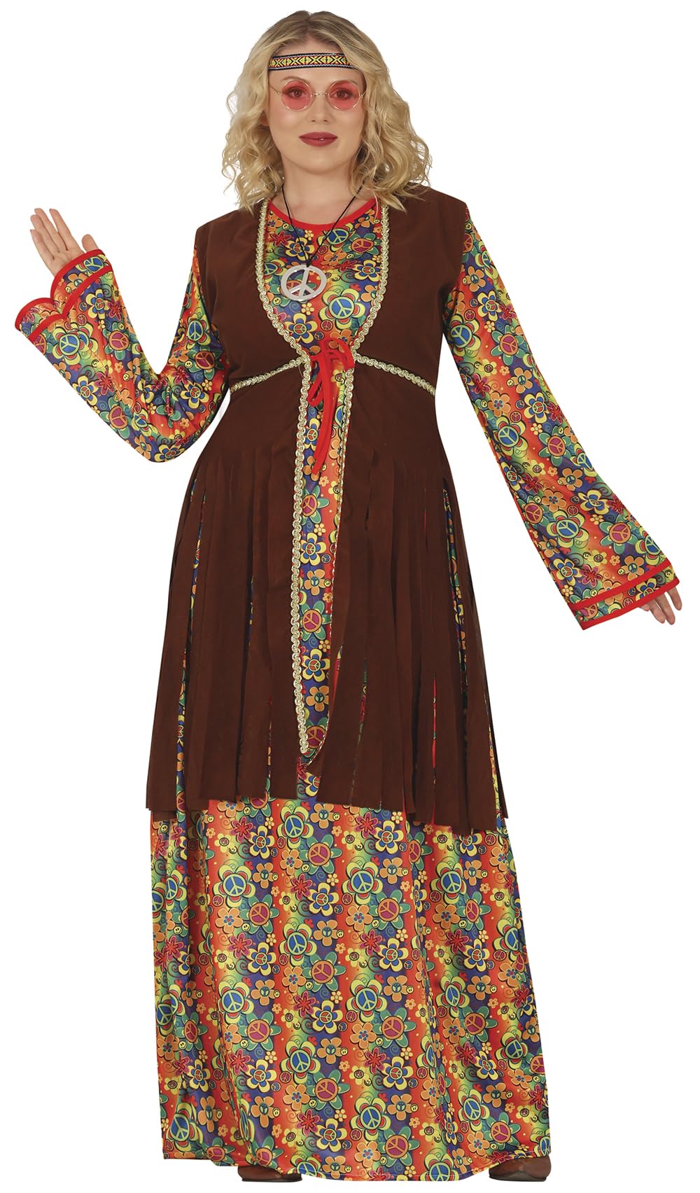 FIESTAS GUIRCA Disfraz de Hippie Floral Mujer - Vestido Largo Años 70 - Disfraz Flowe Power Años 60 para Mujer Talla XL 46-48