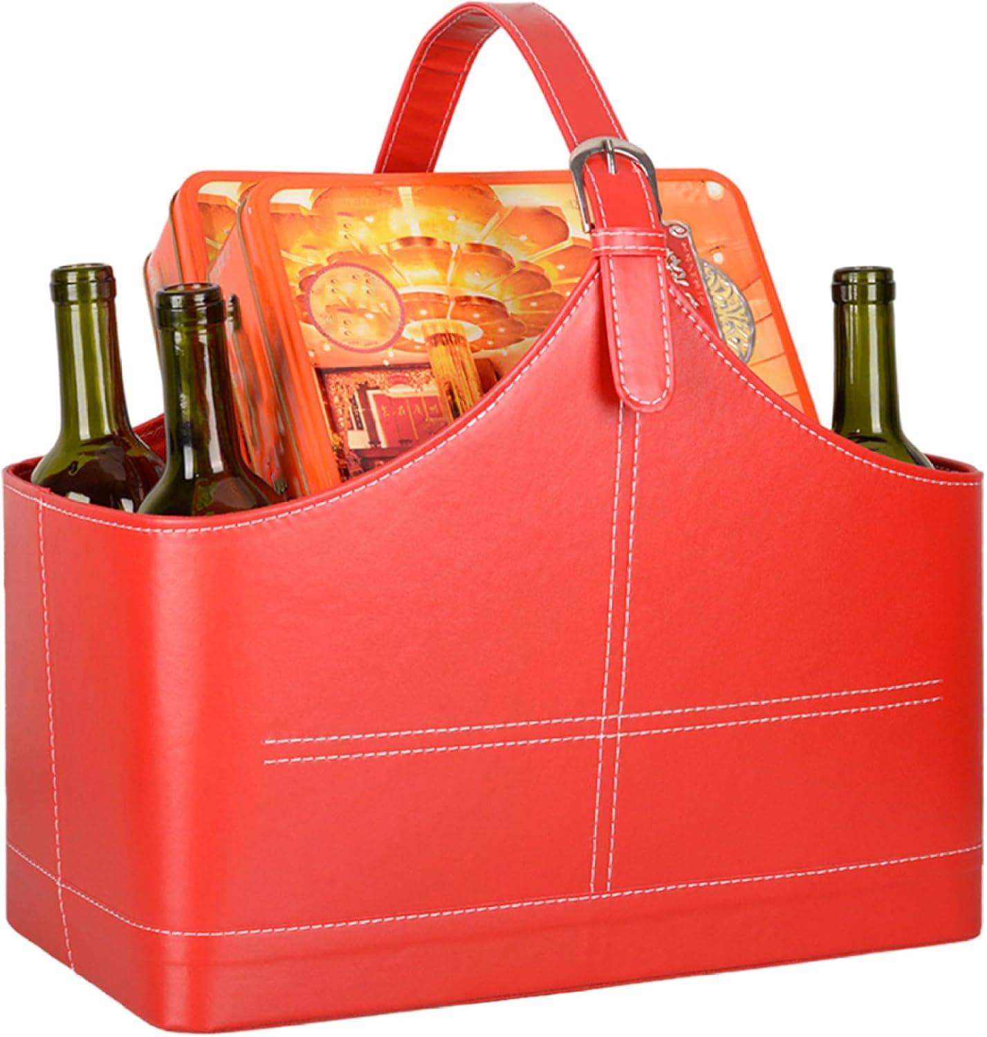 Leather Basket Red Leather Magazine Holder with Top Handle for Wine Flowers Fruits Candys Newspaper Christmas Display