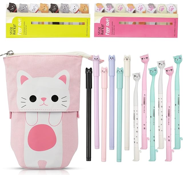 Hocadrv Cute Cat Stationery Set, 1 Canvas Cat Telescopic Pouch Bag 12 Cat Gel Ink Rollerball Pen with 0.5 mm Refill 240 Cat Notes Page Flags Index Tabs for Boys Girls Students and Office Supplies
