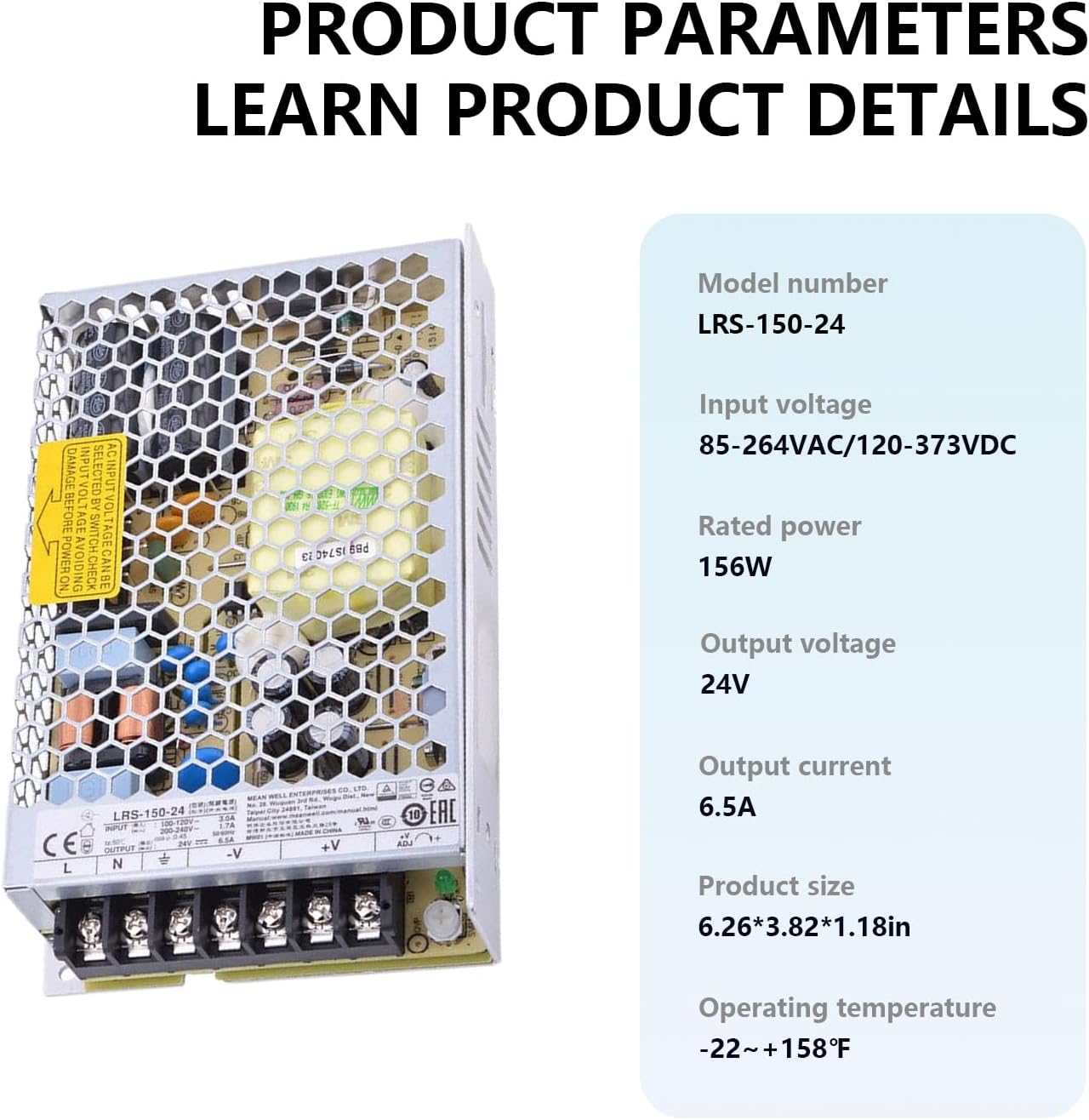 LRS-150-24 24V 6.5A 156W Industrial Switching Power Supply, 85~264VAC Input, 89% Efficiency, -30℃~+70℃ Operating Temp, for Automation & Control Systems
