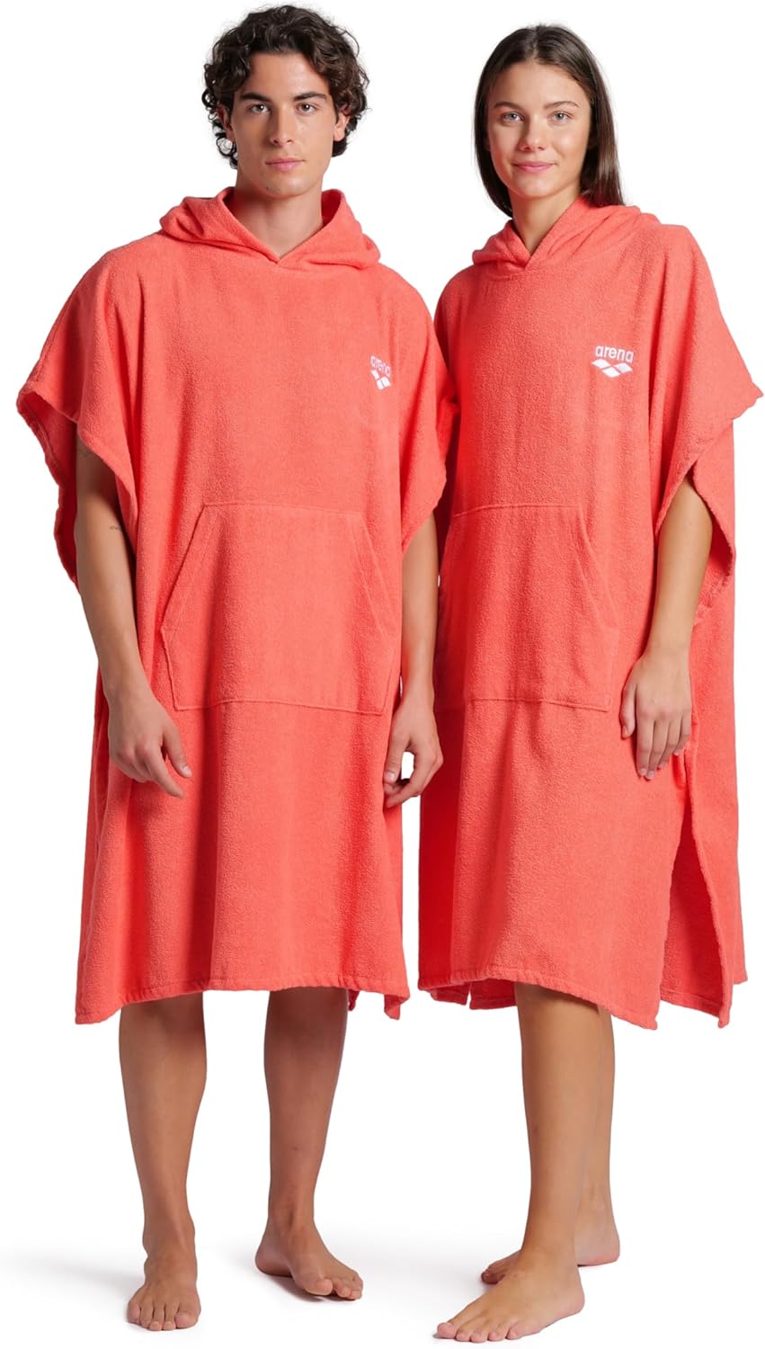 ARENA Unisex Cotton Poncho Soft Hooded Towel with Front Pocket Easy Changing Post Swim Warmth and Comfort for Beach Pool or Surf, Calypso Coral/White, Large/X-Large