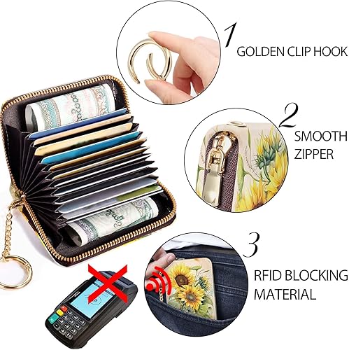 Miniatura 5 de Tarjetero RFID para tarjetas de crédito, cartera pequeña para mujer con llavero con cremallera, divertido estampado de cuero para tarjetas de