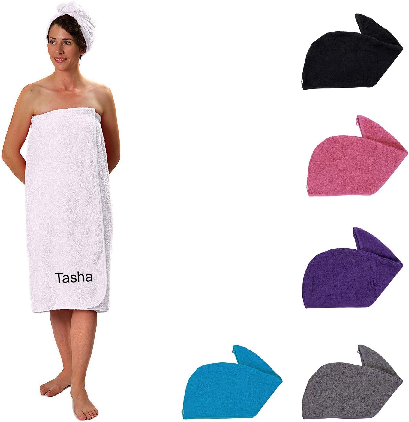 axtex Personalised Elasticated Sarong and Towelling Hair Turban Set, Towelling Sarong Wrap and Hair Wrap Gift Set, Towelling Cover Up - White
