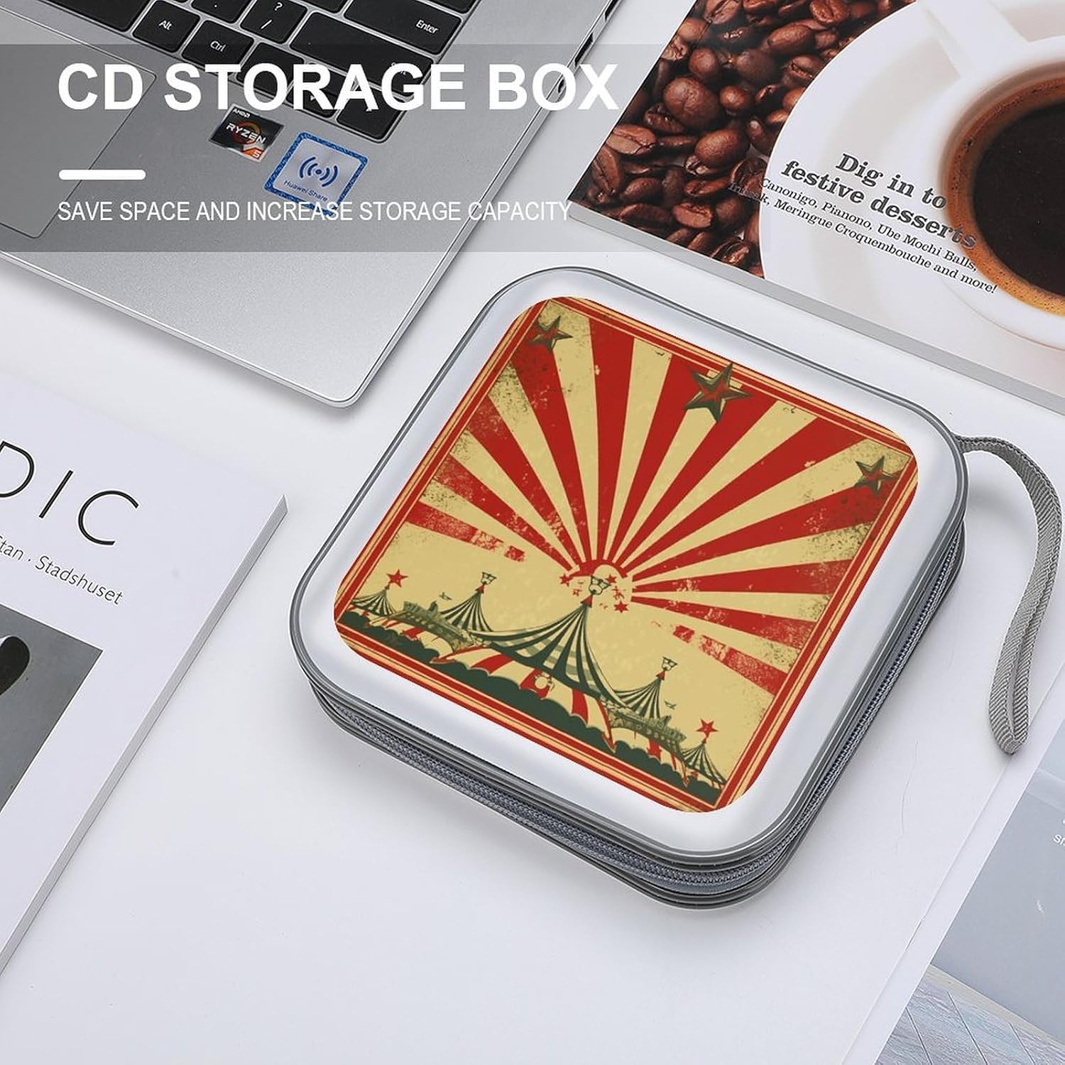 Vintage Circus Background CD Case 40 Capacity DVD Cases for Car Portable CD Boxes Holder with Zipper Protective DVD Box with Handle for Blu Ray Movie Music Audio Disk image 4