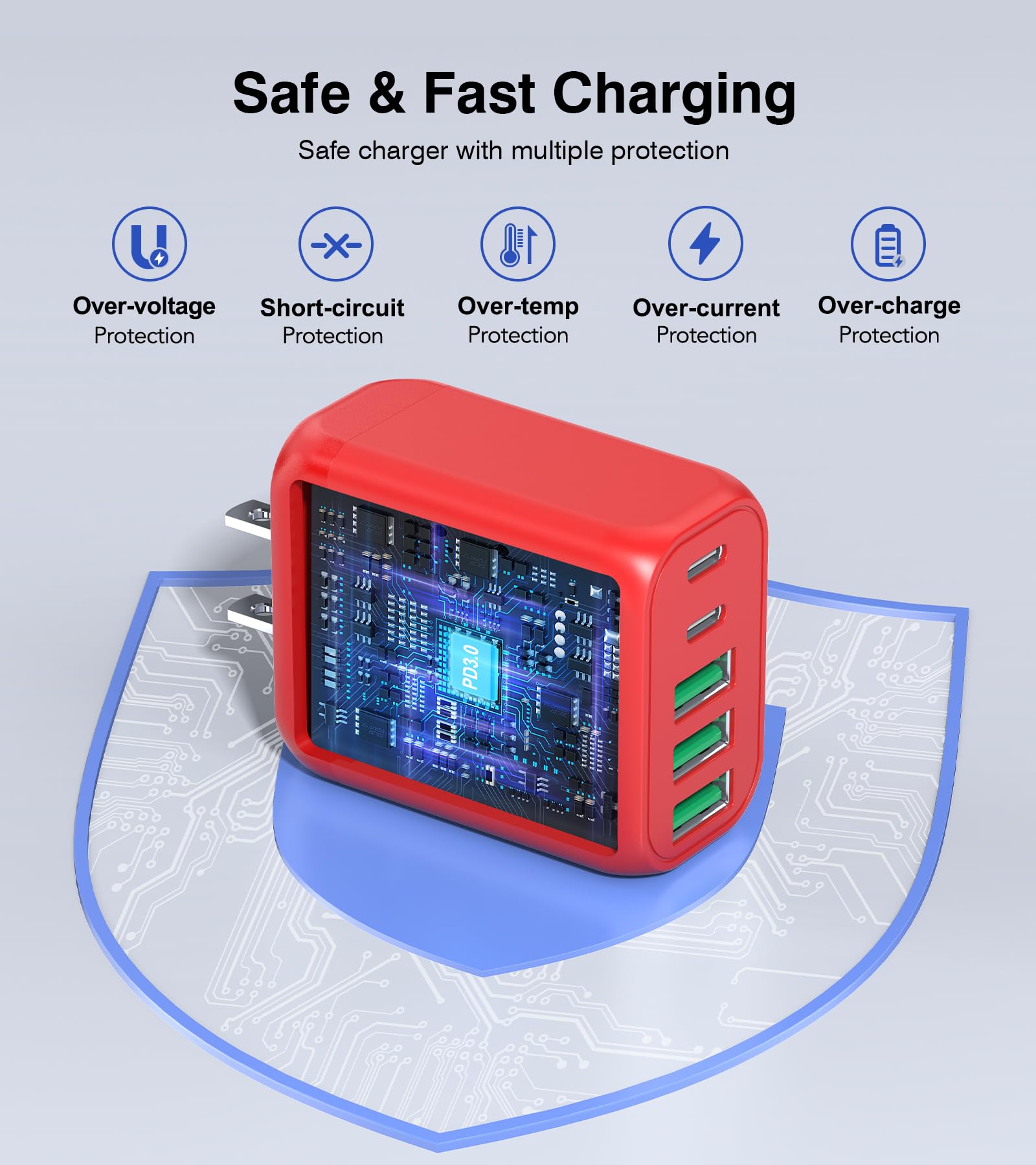 2-Pack 60W Fast Charger Block With 5 Ports - 30W PD USB C Wall Charger For IPhone, IPad, Galaxy