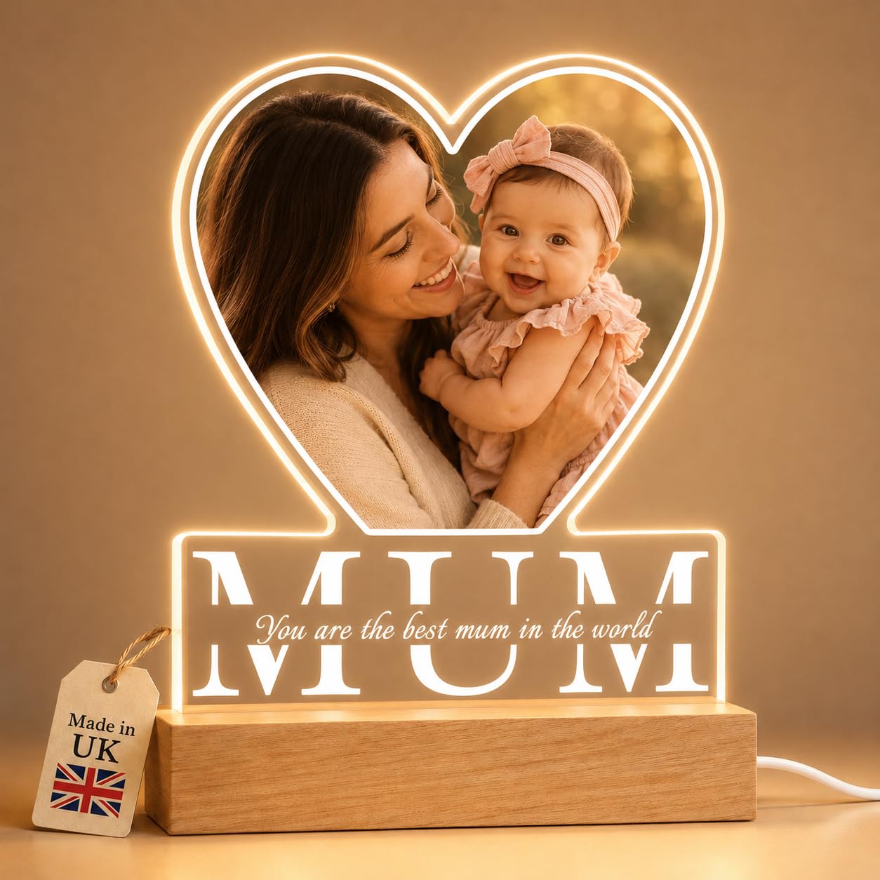 Personalised Mothers Day Gifts for Mum, Mum Presents from Daughter Son Kids Husband, Customised Photo Frame Night Light with Text, Acrylic LED Plaque, Mummy Birthday Gift
